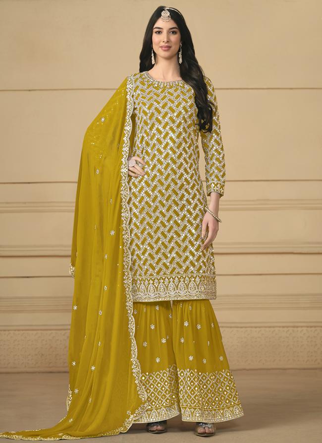 Faux Georgette Yellow Eid Wear Mirror Work Sharara Suit
